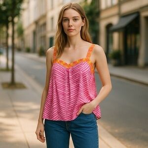 Vintage STARINGTON Pink Silk Tank Top Size 14 Animal Print Casual Beach